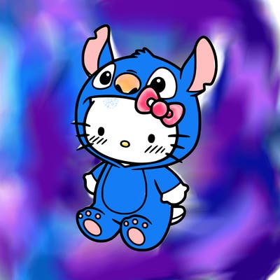 little cute hello kitty, blushing with little stitch costume