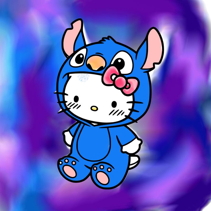 little cute hello kitty, blushing with little stitch costume