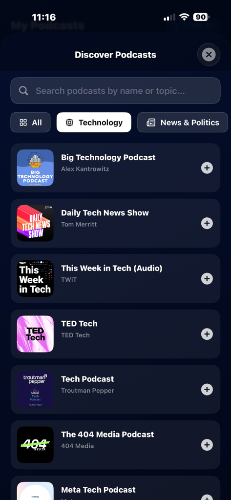 Modcast app discover screen showing a list of technology podcasts with a search bar and category filters