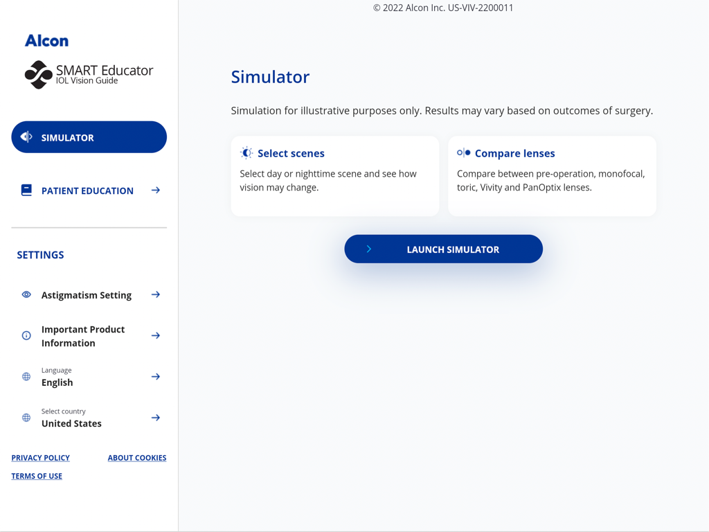 SMART Educator: IOL Guide - The simulator home screen of the Alcon SMART Educator IOL Vision Guide app on iPad