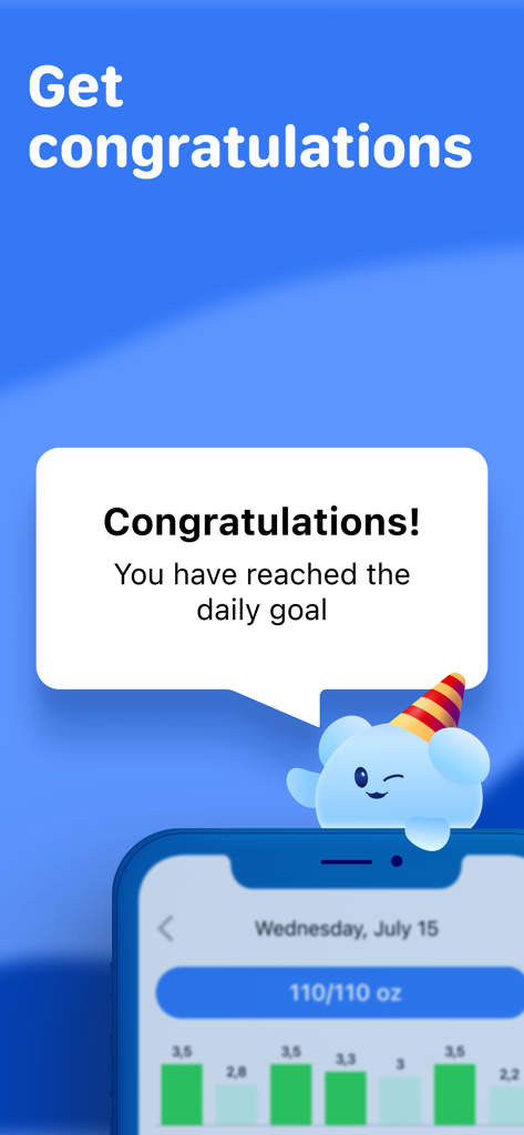 Water Tracker. Drink Reminder - 일일 수분 섭취 목표 달성을 위한 물 추적기 앱의 축하 화면