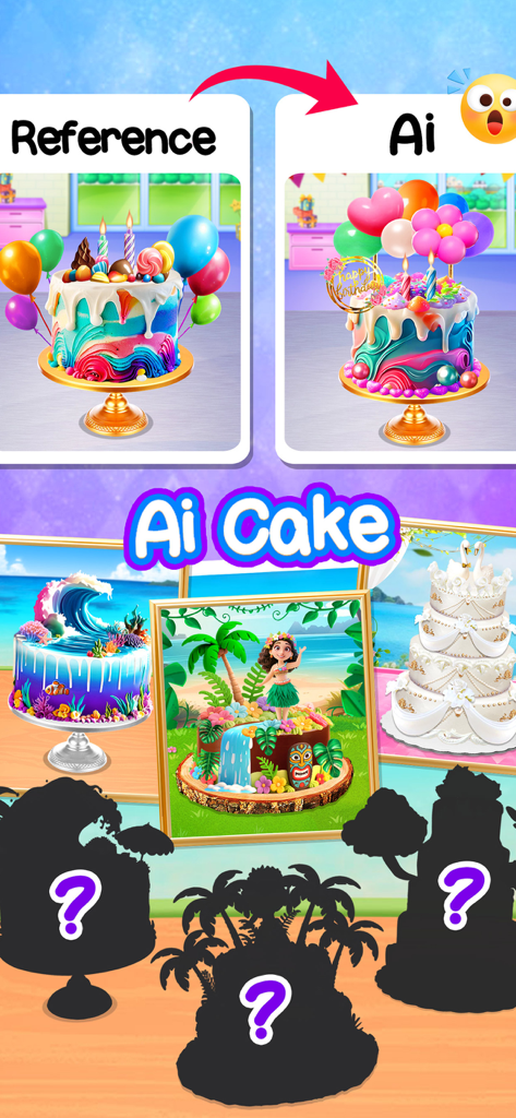 AI generated cake designs and creative themed decorations in a cooking game for kids
