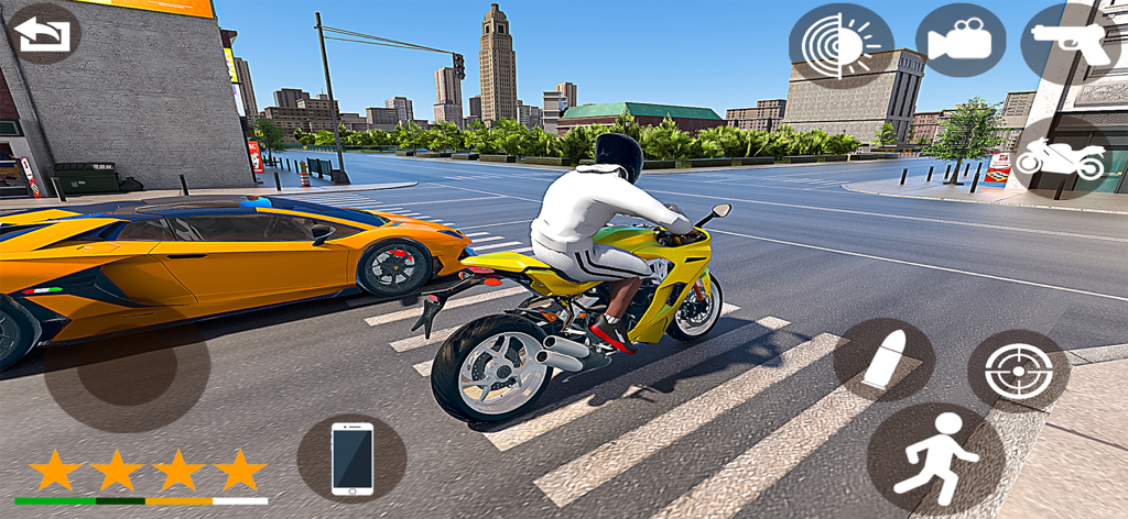 Gangster Game City Crime Game - A character riding a yellow motorcycle next to an orange sports car on a city street in a gangster simulation game