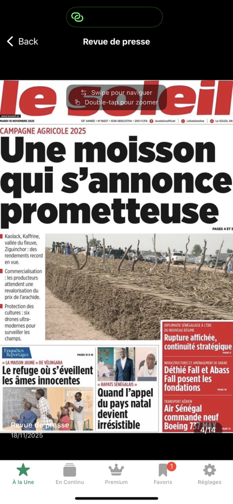 SeneNews – Infos & Actualité - Interfaccia dell'app mobile SeneNews che mostra la prima pagina di un quotidiano senegalese nella sezione rassegna stampa.