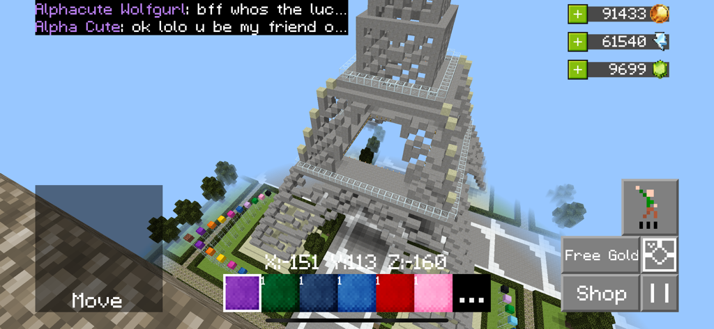 Builder Buddies Craft & Mine R - Uma recriação em blocos 3D da Torre Eiffel no ambiente de jogo social Builder Buddies.