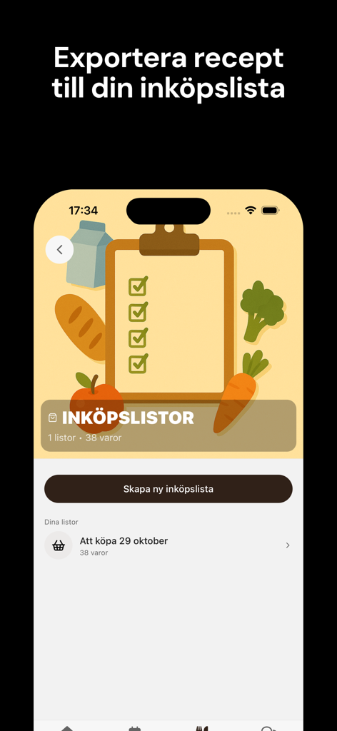 FuelFam - FuelFam mobile app screen showing the grocery shopping list feature with an illustrated clipboard and fresh food items