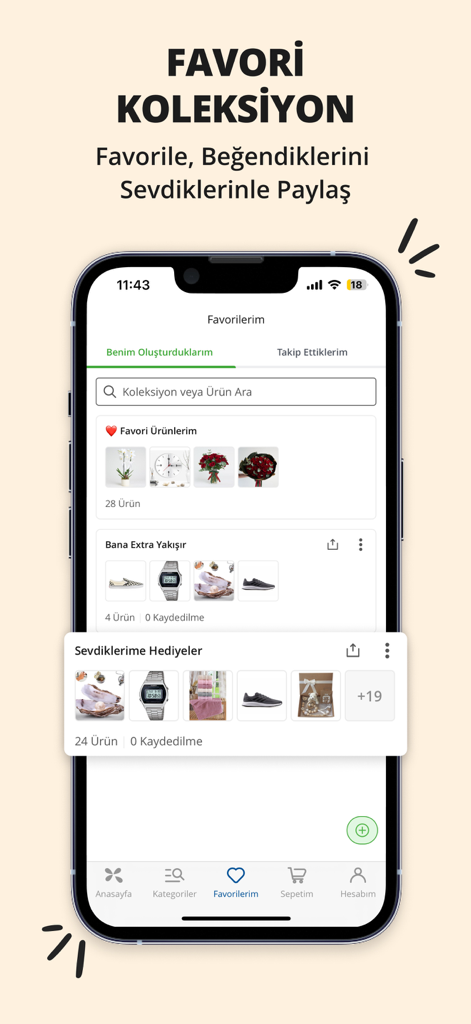 A screenshot of the Çiçeksepeti mobile app showing the My Favorites screen with personalized gift collections and favorited products.