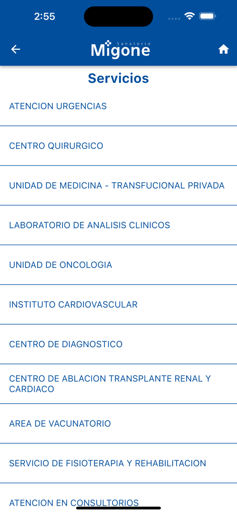 Sanatorio Migone - 응급 치료, 수술 센터, 종양학과를 포함한 의료 서비스 목록을 보여주는 Sanatorio Migone 앱 화면.