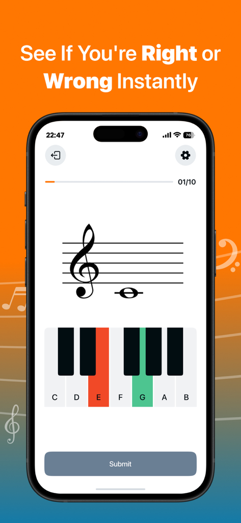 Guess That Note - Guess That Note app interface showing instant feedback with a red wrong answer and a green correct answer on a piano keyboard