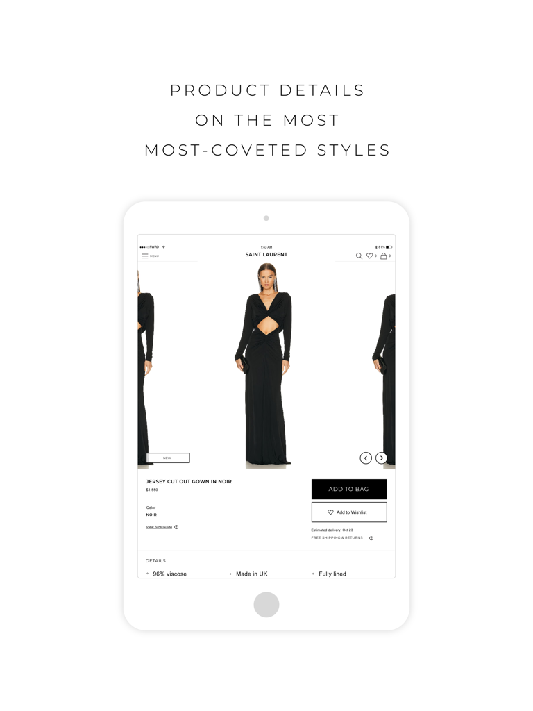 FWRD for iPad - The product detail page on the FWRD for iPad app showcasing a Saint Laurent jersey cut out gown.