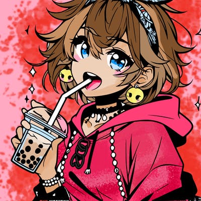 hot baddie anime girl drinking boba and biting the straw
