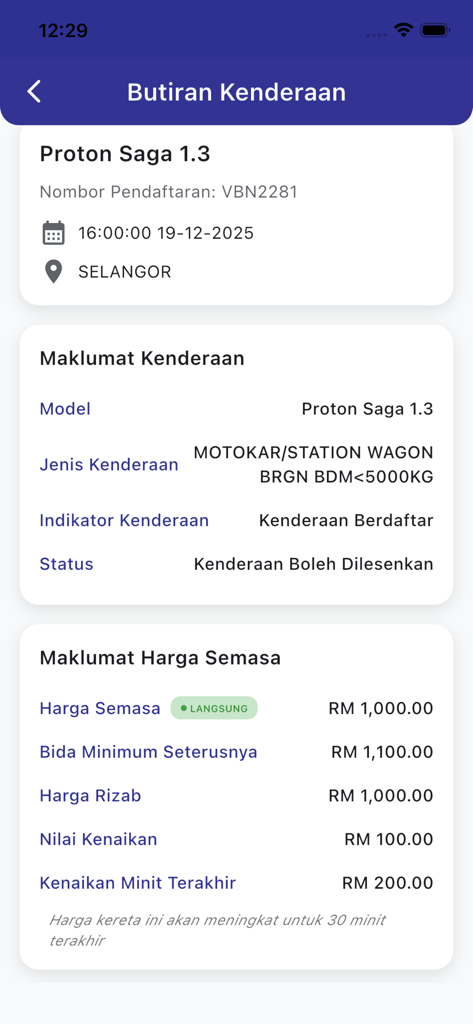JPJvBid - Mobile app screen showing vehicle details and current bidding prices for a Proton Saga car auction