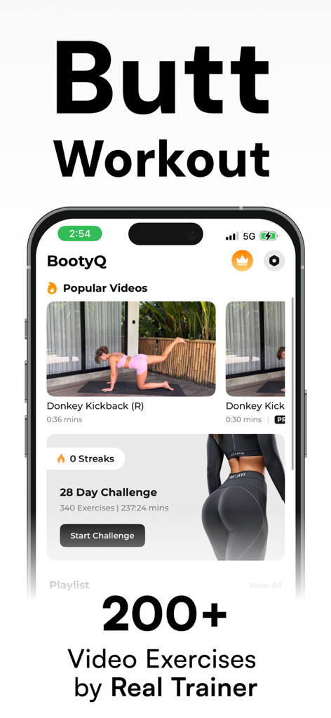 Butt Workout - BootyQ - Pantalla de la aplicación BootyQ que muestra videos de entrenamiento de glúteos y un desafío de fitness de 28 días