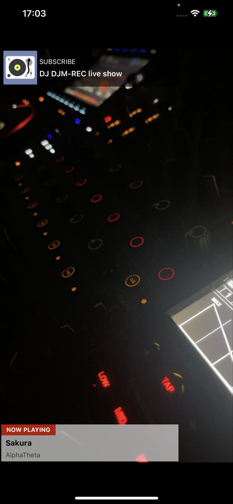 Live show interface of the DJM-REC app displaying track information and a professional DJ mixer