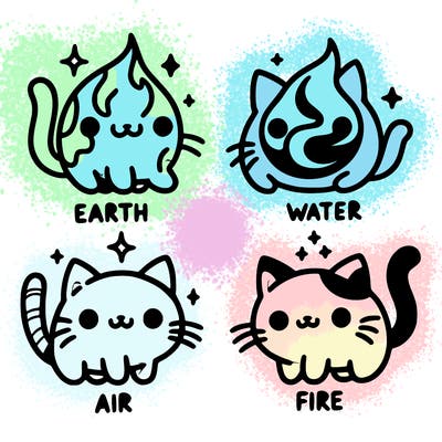 4 cats that represent the different elements, earth, water, air, and fire