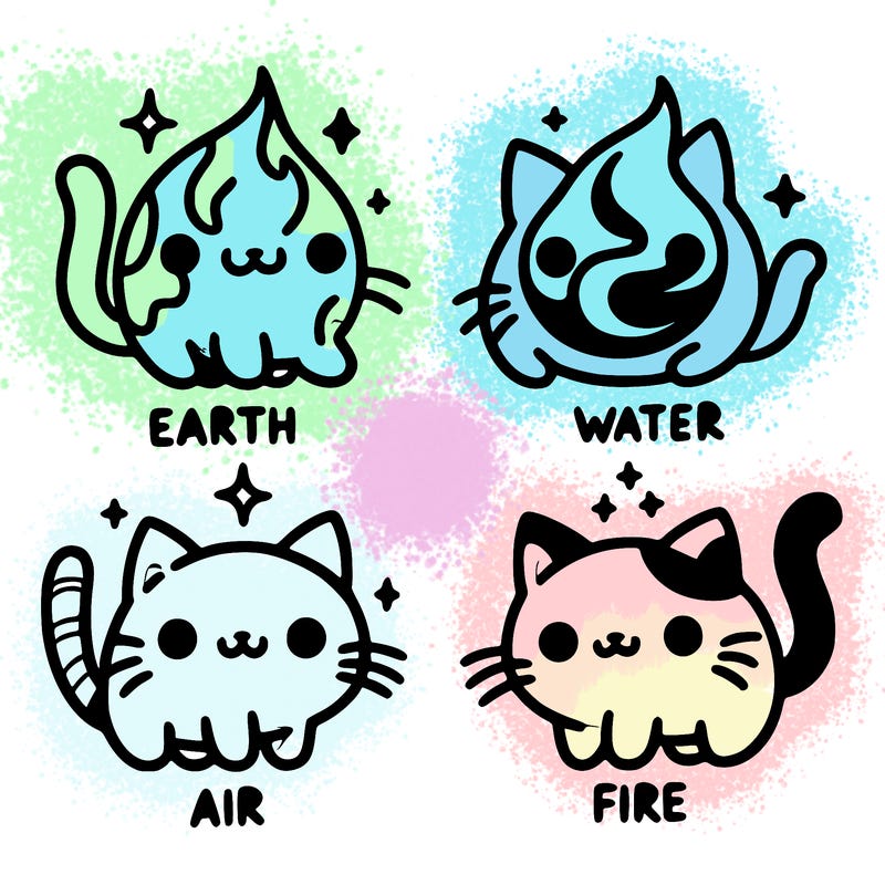 4 cats that represent the different elements, earth, water, air, and fire