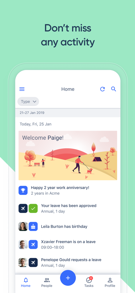 The home screen of the Kolay mobile app displaying an activity feed with employee milestones and leave status updates.