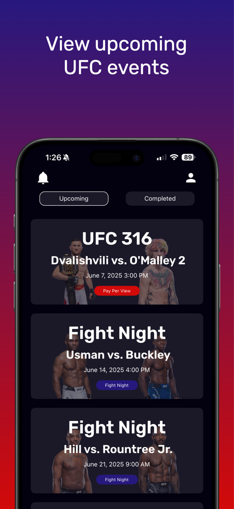 MMA Fantasy - A smartphone interface of the MMA Fantasy app displaying a list of upcoming UFC fight events including UFC 316 and Fight Night cards.