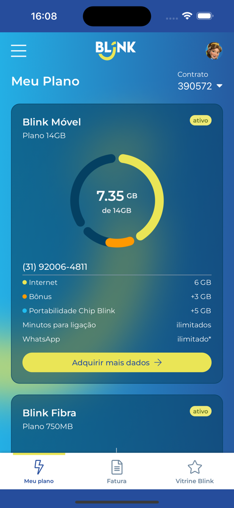 Minha Blink - Interface do aplicativo Minha Blink mostrando o medidor de uso de dados móveis e detalhes do plano.