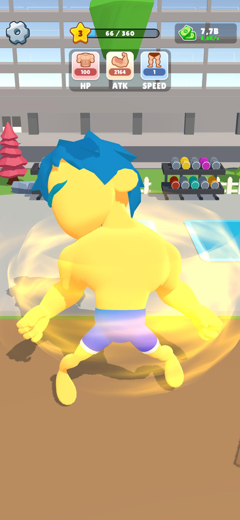 Gym Clicker: KO MMA Boxing - A yellow muscular character with blue hair powering up in an idle gym game environment with stats for HP, ATK, and Speed visible.