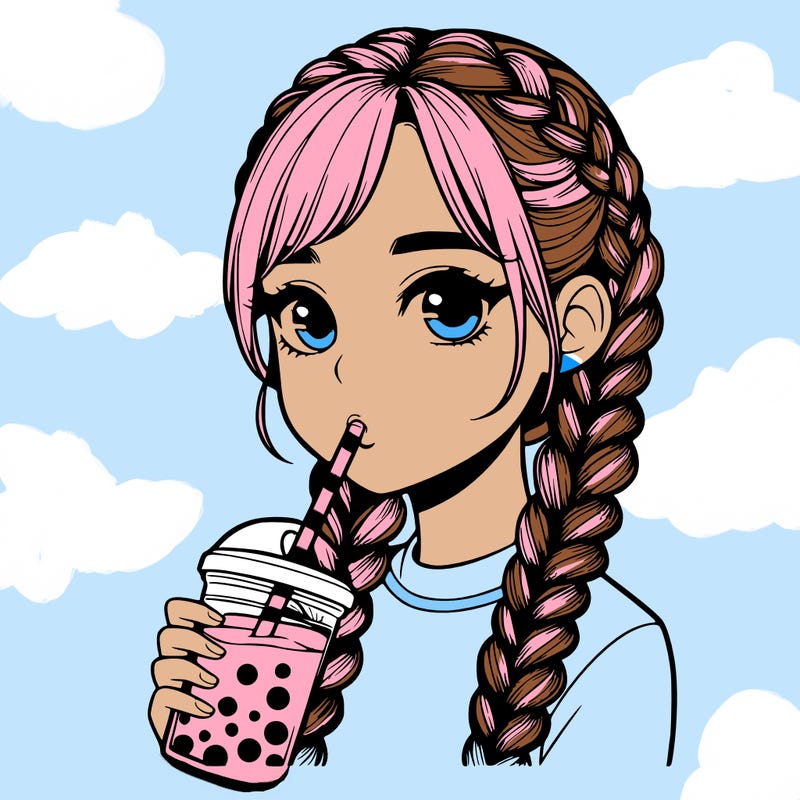 realistic girl with braided hair drinking boba