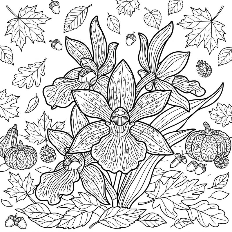 Immerse yourself in the captivating blend of exotic Zygopetalum orchids and the rich tapestry of autumn. This beautiful coloring page invites you to bring vibrant life to fall leaves, charming pumpkins, and intricate floral details.