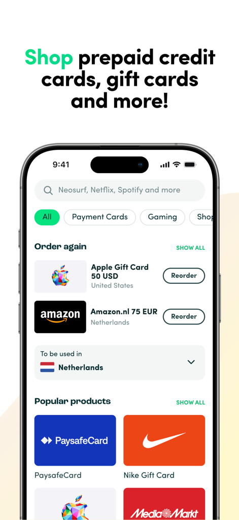 Interfaccia dell'app Recharge.com che mostra una varietà di carte regalo prepagate e opzioni di ricarica cellulare per lo shopping e il gaming