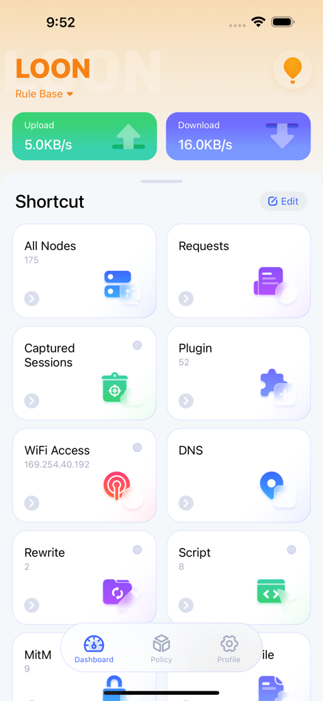 Loon app dashboard interface showing real-time upload and download speeds with shortcuts to network tools like DNS, scripts, and captured sessions
