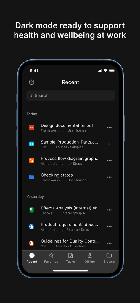 Alfresco Mobile Workspace - Alfresco Mobile Workspace app interface in dark mode showing a list of recent documents and files.
