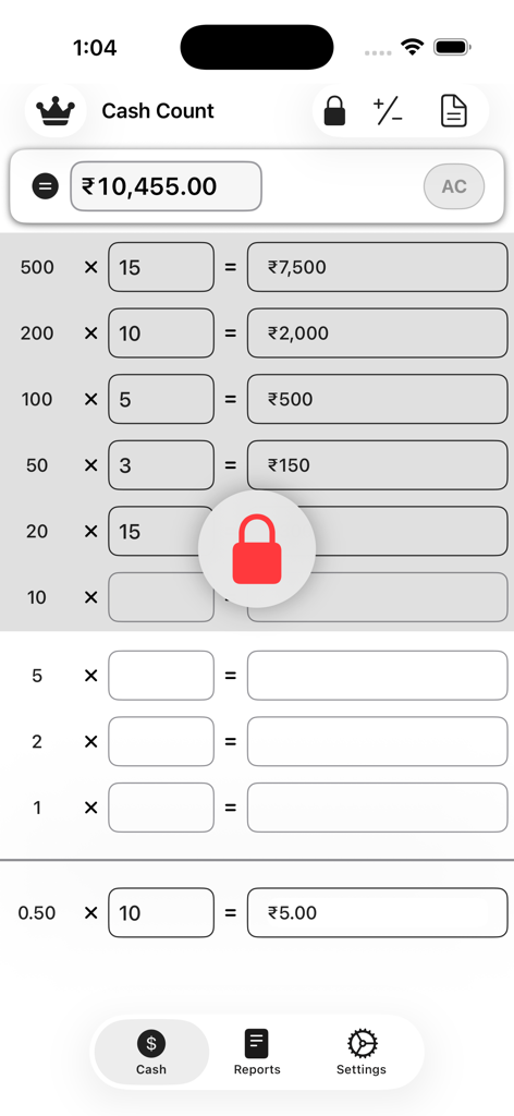 Cash Count –  Cash Calculator - 총 합계를 계산하기 위해 다양한 단위에 대한 입력 필드가 있는 현금 계산기 모바일 앱 인터페이스