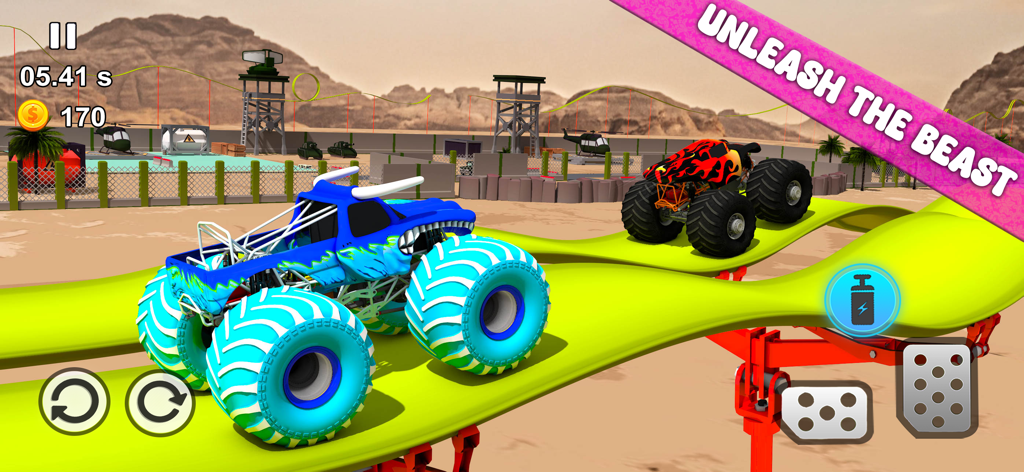 Monster Truck+ : Race Off Ramp - Two monster trucks racing on a bright green elevated stunt track