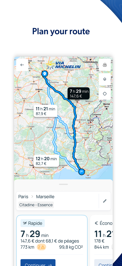ViaMichelin app interface showing route planning with travel time and detailed trip costs including tolls