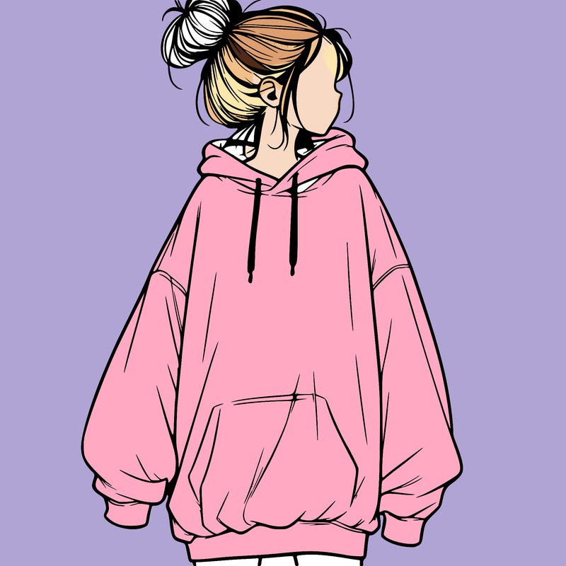 realistic girl with a oversized sweatshirt on and a bun