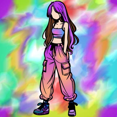 girl in baggy pants crop top and long hair