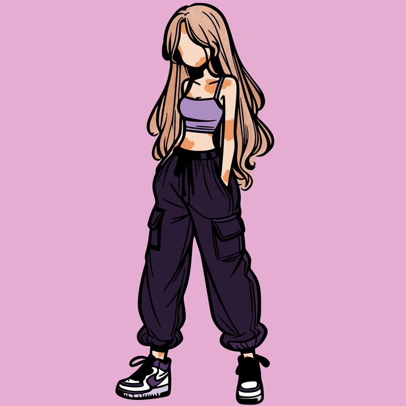 girl in baggy pants crop top and long hair