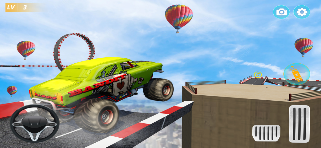 Monster Trucks Stunt Racing 3D - Un camión monstruoso verde realizando un gran salto en una pista de acrobacias con globos aerostáticos de fondo.
