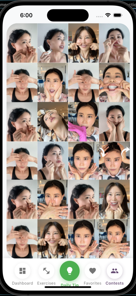 Koko Face Yoga - A grid of video thumbnails showing various face yoga exercises and techniques in the daily tip section