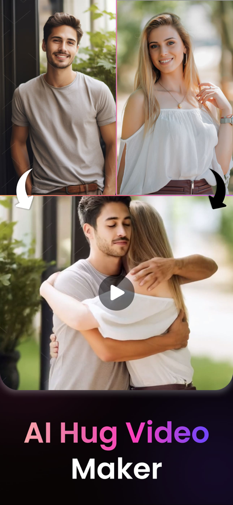 AI Kiss Video Maker - AI Hug - Interface of AI Hug Video Maker app showing two separate photos of a man and woman being converted into an AI generated video of them hugging