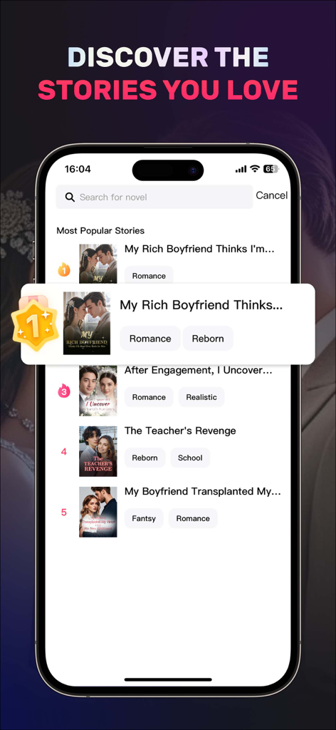Tela de smartphone exibindo o aplicativo Novel Master com uma lista de histórias curtas populares em gêneros como romance e fantasia
