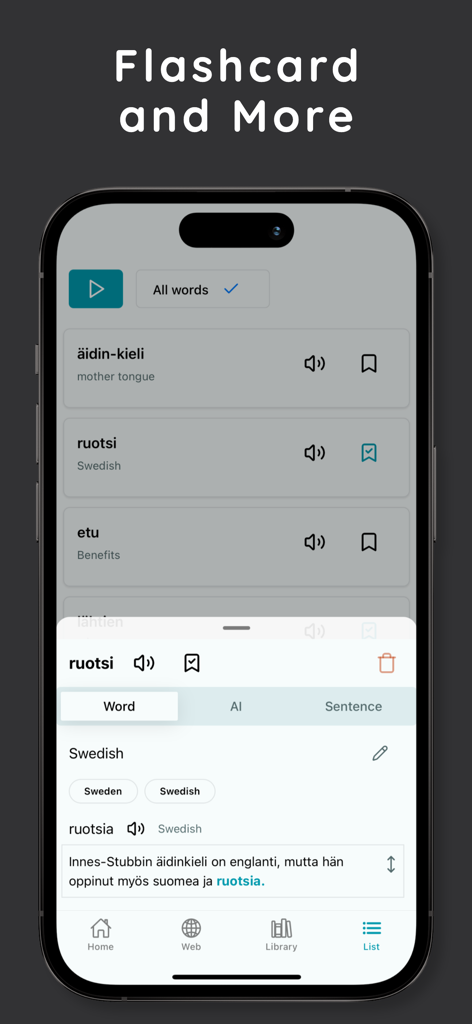 Language Reactor ReadLang app interface showing vocabulary flashcards and word context