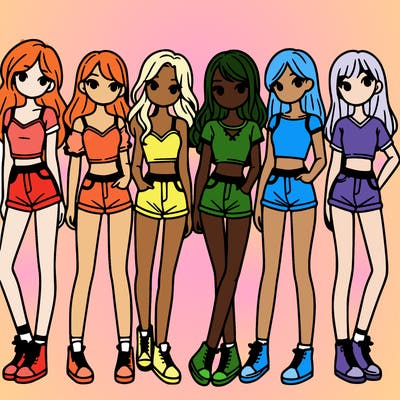 a group of girls wearing crop tops and shorts