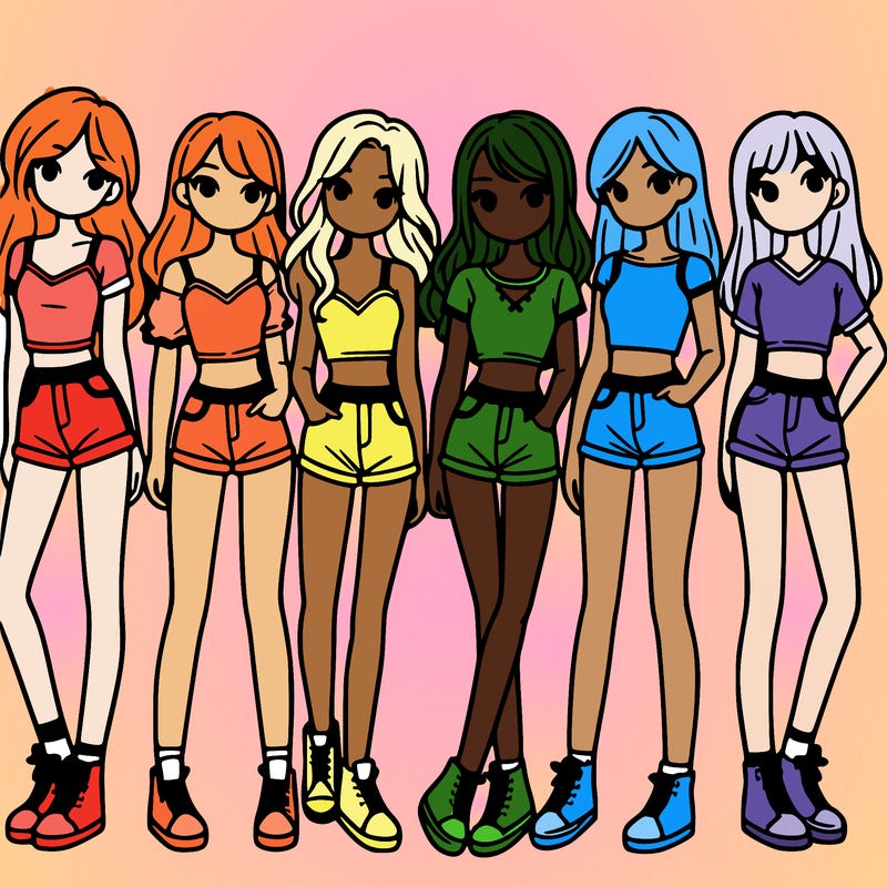 a group of girls wearing crop tops and shorts