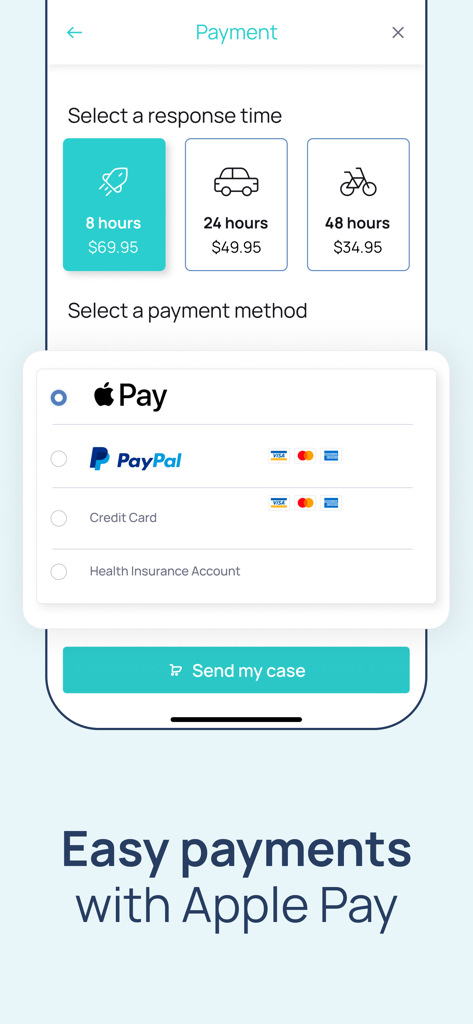 Pantalla de pago de la aplicación First Derm que muestra opciones de tiempo de respuesta y selección de Apple Pay