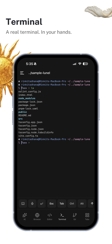 Lunel - A smartphone displaying the Lunel app with a live terminal interface showing a project directory structure