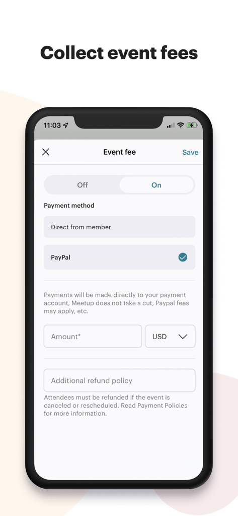 A mobile interface showing the event fee configuration screen with options for payment methods like PayPal and setting a price in USD.