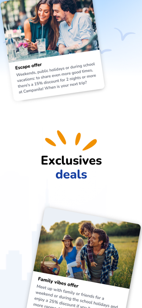 Tarjetas promocionales para ofertas Escape y Family vibes dentro de la app móvil de Louvre Hotels Group.