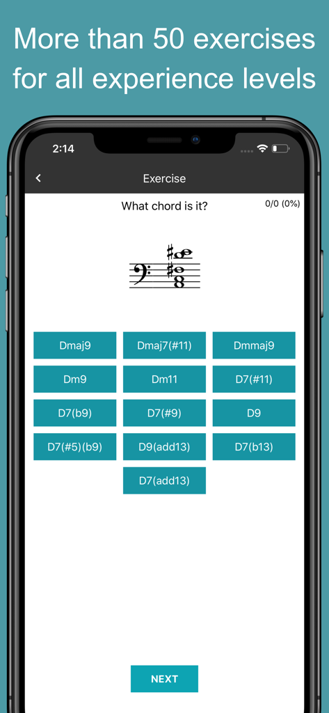 MyMusicTheory - Music Theory - A smartphone screen showing a music theory exercise for identifying complex chords on a bass clef.
