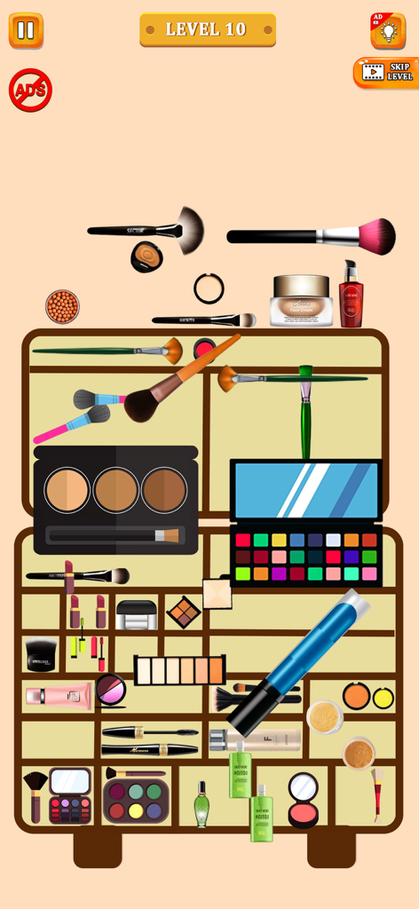 Organize It Perfect Tidy Life - Un nivel de puzzle organizador de maquillaje en Organize It que muestra varios productos de belleza como brochas y paletas siendo clasificados en un kit