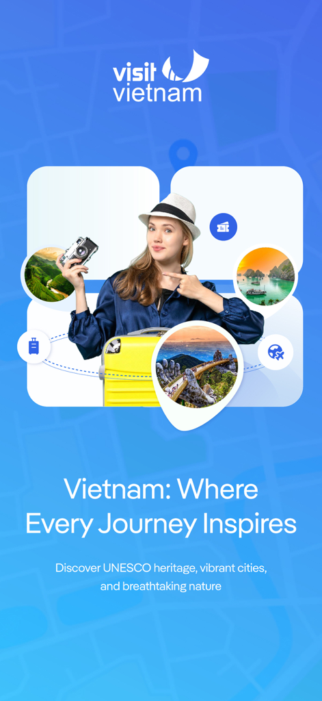 Visit-Vietnam - Official Visit Vietnam app welcome screen featuring a woman traveler and scenic destinations like Ha Long Bay