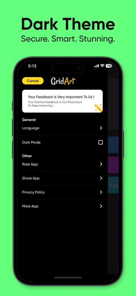 GridArt app settings menu with dark theme enabled.